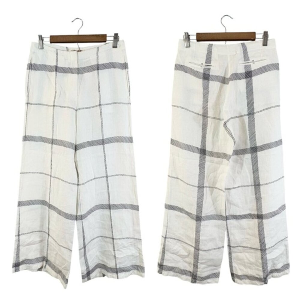 Emporio Sirenuse Linen Pants High Rise Wide Leg White Navy Check Plaid, IT 40 - Picture 2 of 15